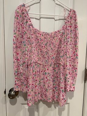 Crown & Ivy Pink Floral Smocked Off-Shoulder Tunic Top